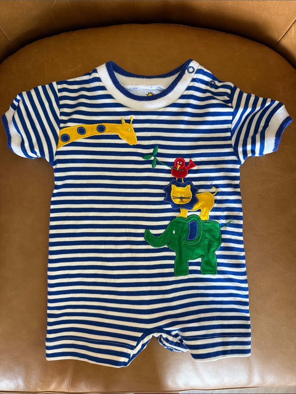 Florence Eiseman Animal Applique Striped Knit Romper 3M Blue White